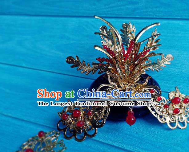 Chinese Traditional Hanfu Hair Accessories Ancient  Queen Golden Phoenix Hair Crown Song Dynasty Empress Cao Danshu Hair Combs