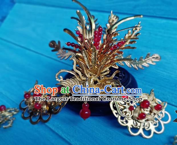 Chinese Traditional Hanfu Hair Accessories Ancient  Queen Golden Phoenix Hair Crown Song Dynasty Empress Cao Danshu Hair Combs