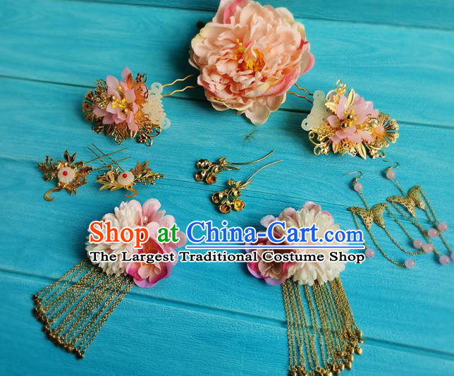 Chinese Ancient Imperial Consort Hairpins Traditional Hanfu Hair Accessories Tang Dynasty Pink Peony Hair Crown Full Set