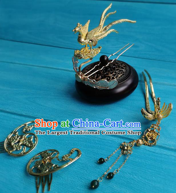 Chinese Ancient Queen Hair Accessories Traditional Qin Dynasty Empress Golden Phoenix Hair Crown and Tassel Hairpins Complete Set