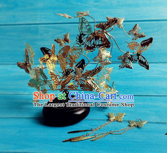 China Traditional Hanfu Golden Butterfly Hair Crown Ancient Shang Dynasty Queen Hairpins Drama Zhao Ge Su Daji Headpieces