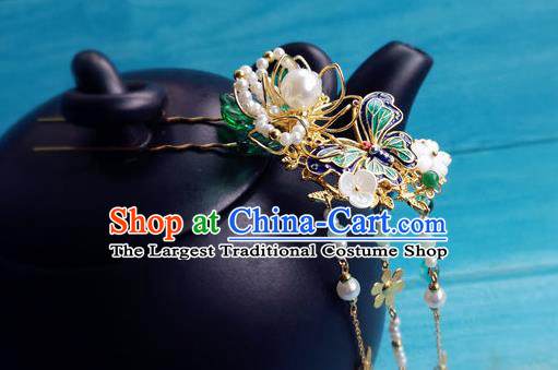 Chinese Ancient Palace Lady Tassel Hairpin Traditional Hanfu Hair Accessories Ming Dynasty Princess Cloisonne Butterfly Hair Clip