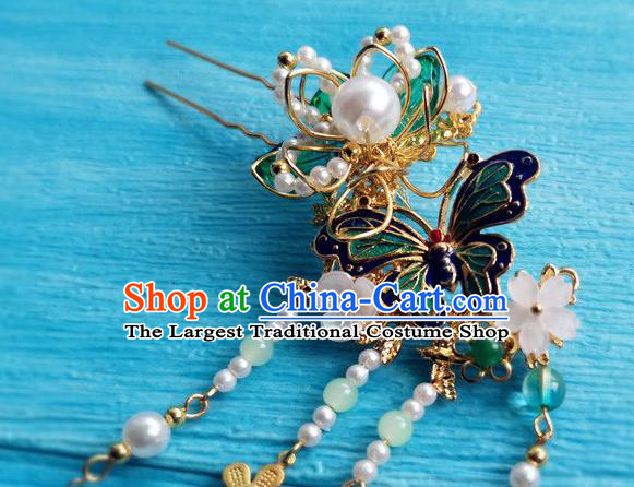 Chinese Ancient Palace Lady Tassel Hairpin Traditional Hanfu Hair Accessories Ming Dynasty Princess Cloisonne Butterfly Hair Clip