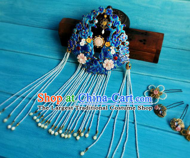 Chinese Ancient Imperial Consort Tassel Hairpin Traditional Hair Accessories Qing Dynasty Court Woman Cloisonne Hair Crown