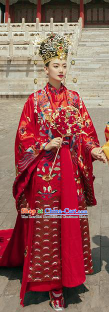 China Ancient Empress Red Hanfu Dress Traditional Wedding Garments Ming Dynasty Court Queen Historical Clothing and Headdress Complete Set