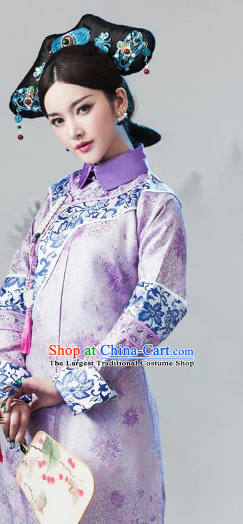 China Ancient Imperial Consort Purple Dress Traditional Court Garments Qing Dynasty Palace Beauty Historical Clothing
