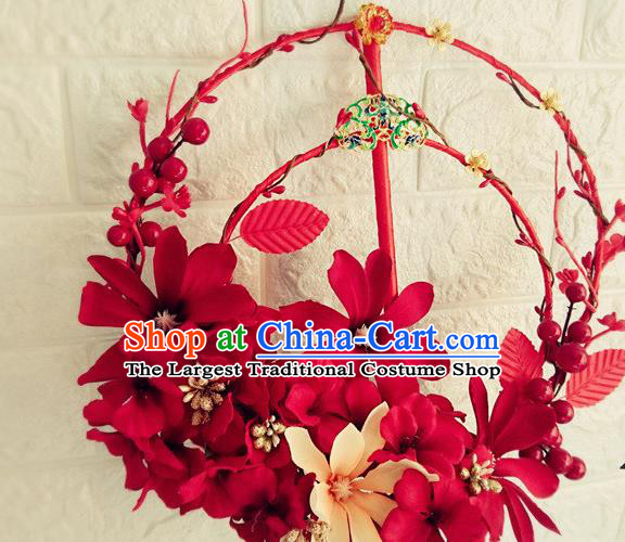 Handmade Chinese Traditional Hanfu Red Flowers Fan Wedding Palace Fan Bride Prop Fan