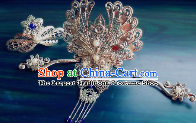 Chinese Tang Dynasty Argent Princess Hairpins Traditional Hanfu Hair Accessories Ancient Fairy Hair Crown Full Set
