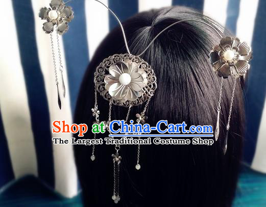 Chinese Tang Dynasty Argent Hair Crown Traditional Hanfu Hair Accessories Ancient Fairy Tassel Hairpin