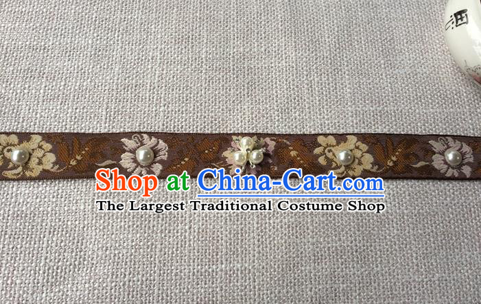 Chinese Ming Dynasty Dowager Countess Pearls Forehead Accessories Traditional Hanfu Embroidered Brown Headband Ancient Elderly Woman Headwear