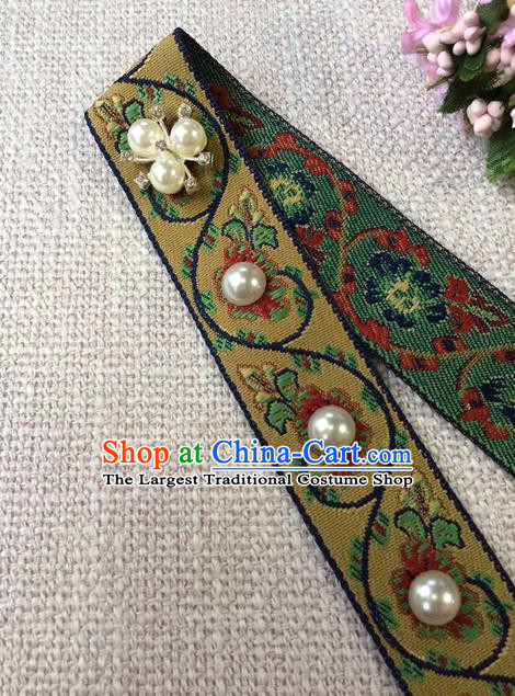 Chinese Ancient Elderly Woman Hair Clasp Ming Dynasty Dowager Countess Pearls Forehead Accessories Traditional Hanfu Embroidered Yellow Headband