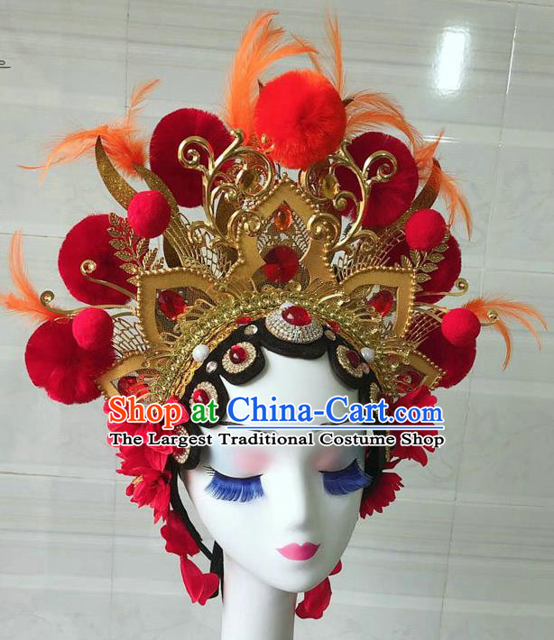 Chinese Peking Opera Blues Helmet Opera Female General Performance Feather Headdress Classical Dance Wigs and Hair Accessories