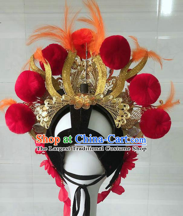 Chinese Peking Opera Blues Helmet Opera Female General Performance Feather Headdress Classical Dance Wigs and Hair Accessories