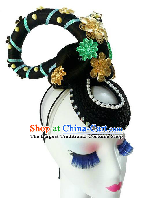 Chinese Classical Flying Dance Wigs and Hair Accessories Court Dance Headpiece Traditional Stage Performance Headdress