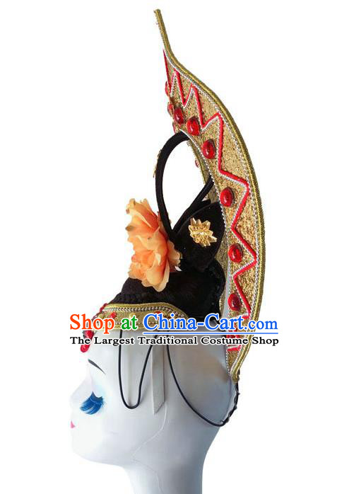 Chinese Traditional Drum Dance Performance Headdress Classical Flying Dance Wigs and Hair Crown Court Dance Headpiece