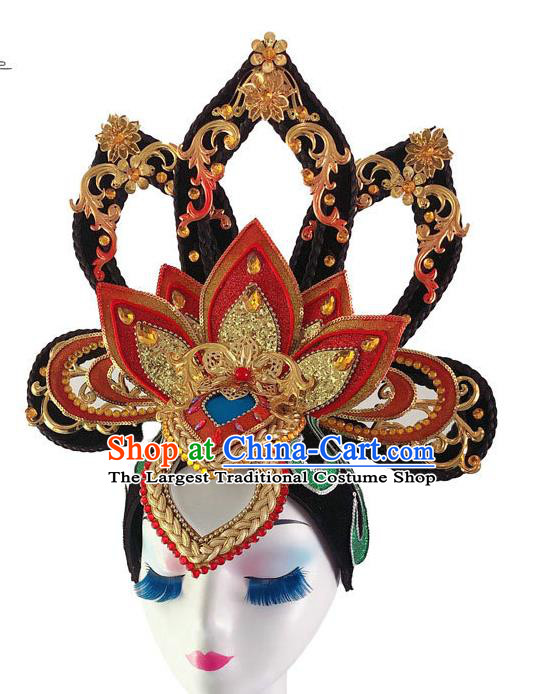 Chinese Classical Dance Wigs Chignon Tang Dynasty Court Dance Headpieces Traditional Woman Dance Red Lotus Headdress