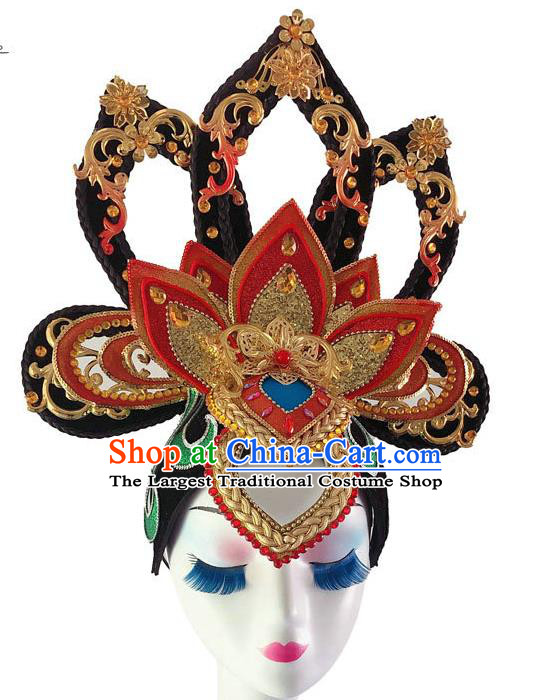 Chinese Classical Dance Wigs Chignon Tang Dynasty Court Dance Headpieces Traditional Woman Dance Red Lotus Headdress