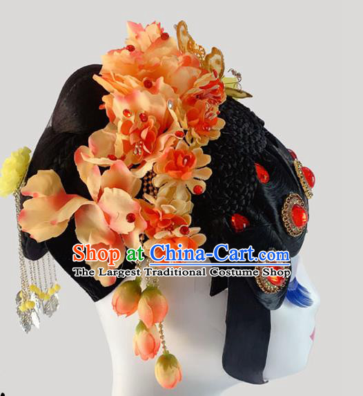 Chinese Peking Opera Diva Hairpieces Woman Stage Performance Headdress Classical Dance Wigs and Orange Flowers Hair Accessories