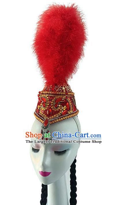 China Kazak Nationality Dance Headdress Xinjiang Minority Performance Feather Headwear Ethnic Folk Dance Red Hat