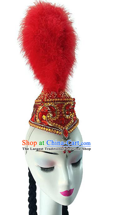 China Kazak Nationality Dance Headdress Xinjiang Minority Performance Feather Headwear Ethnic Folk Dance Red Hat