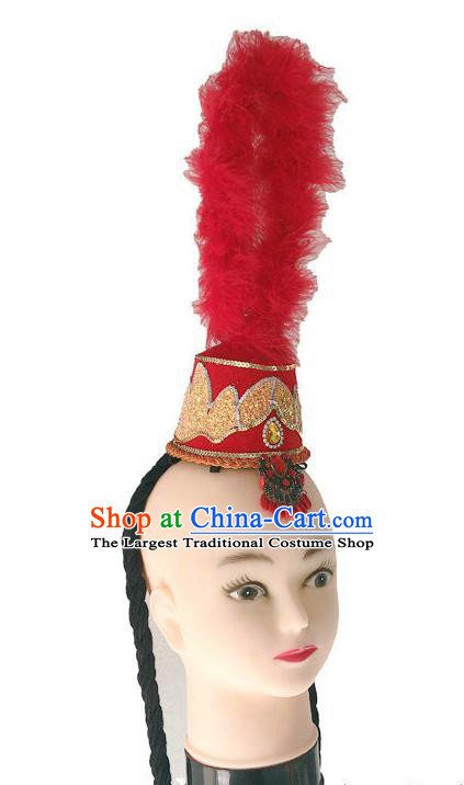 China Ethnic Folk Dance Red Hat Kazak Nationality Dance Headdress Xinjiang Minority Performance Feather Headwear