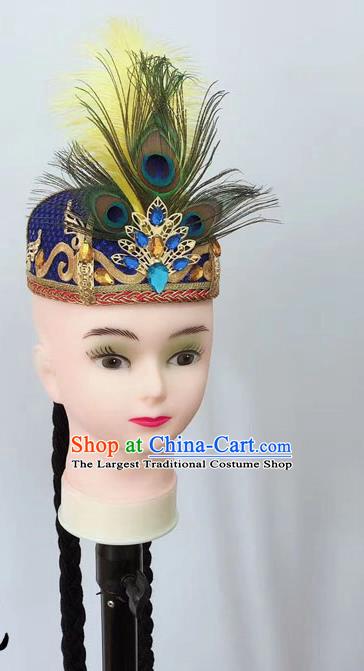 China Xinjiang Minority Performance Feather Headpiece Uyghur Ethnic Folk Dance Royalblue Hat Uighur Nationality Dance Headdress