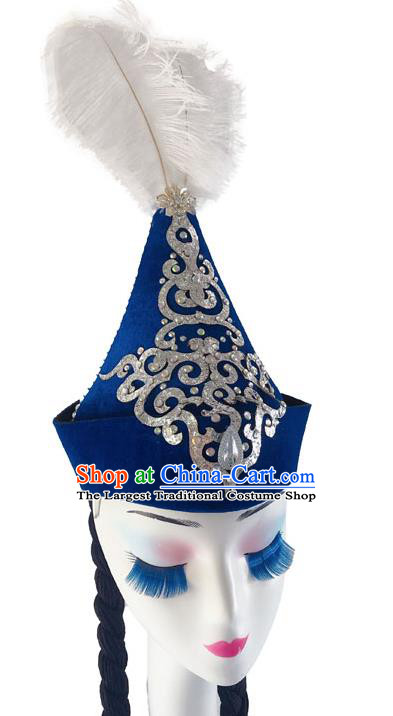 China Xinjiang Ethnic Woman Dance Headdress Uighur Nationality Dance Royalblue Hat Uyghur Minority Performance Headwear