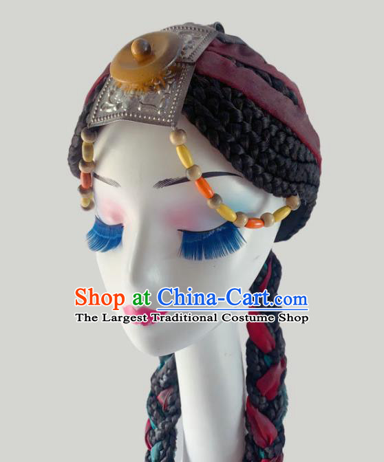 China Ethnic Woman Dance Wigs Braid Hairpieces Mongolian Nationality Dance Hair Accessories Mongol Minority Performance Headdress