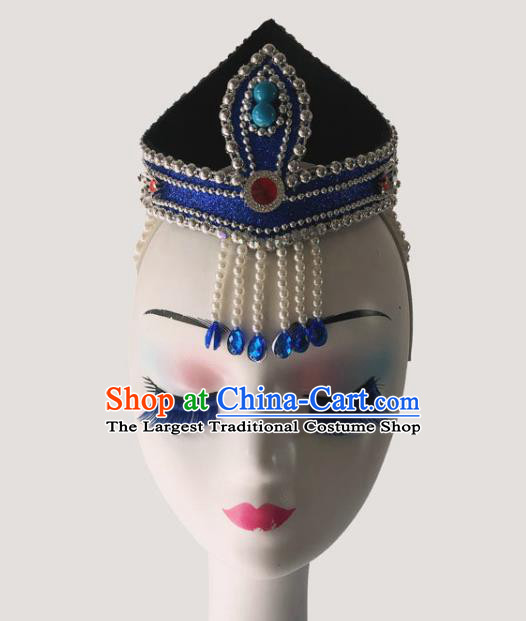China Mongol Minority Performance Headdress Ethnic Woman Dance Tassel Blue Hat Mongolian Nationality Dance Headwear
