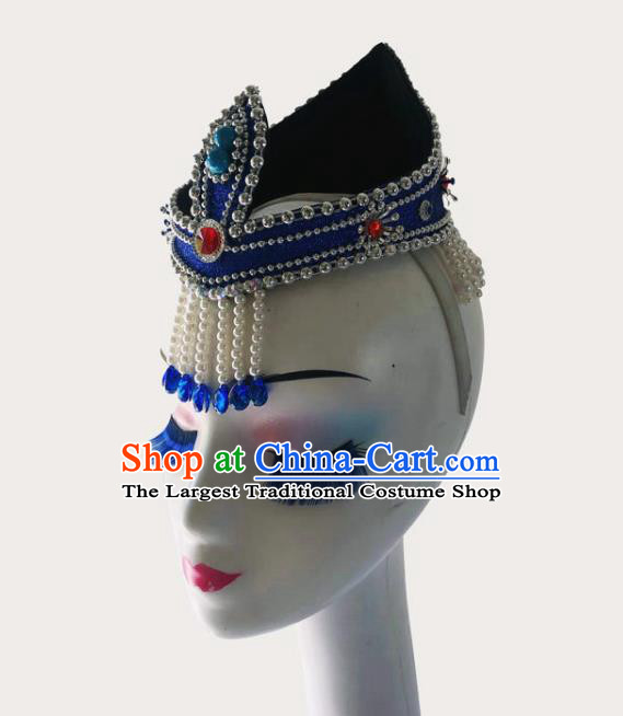 China Mongol Minority Performance Headdress Ethnic Woman Dance Tassel Blue Hat Mongolian Nationality Dance Headwear