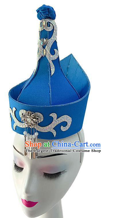 China Mongolian Ethnic Dance Blue Hat Mongol Nationality Dance Headdress Woman Stage Performance Headwear
