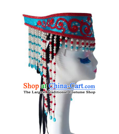 China Mongolian Nationality Dance Headwear Mongol Minority Folk Dance Headdress Ethnic Woman Performance Tassel Blue Hat