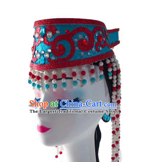 China Mongolian Nationality Dance Headwear Mongol Minority Folk Dance Headdress Ethnic Woman Performance Tassel Blue Hat