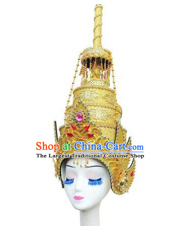 China Yunnan Ethnic Woman Performance Golden Hat Dai Nationality Dance Headwear Indian Dance Headdress