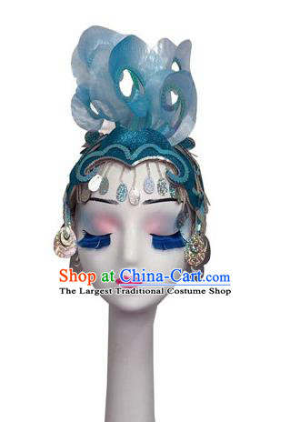 China Minority Peacock Dance Headpiece Yunnan Ethnic Woman Performance Blue Hair Crown Dai Nationality Dance Headwear