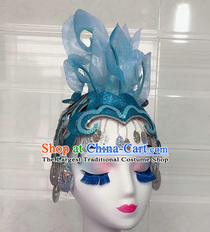 China Minority Peacock Dance Headpiece Yunnan Ethnic Woman Performance Blue Hair Crown Dai Nationality Dance Headwear