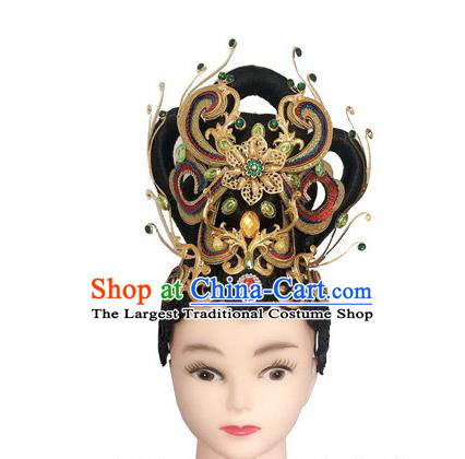 China Dai Nationality Dance Headwear Minority Peacock Dance Wigs Headpieces Yunnan Ethnic Woman Performance Hair Accessories