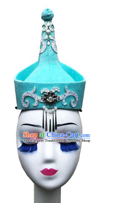 China Mongol Nationality Dance Headdress Woman Stage Performance Headwear Mongolian Ethnic Dance Light Blue Hat