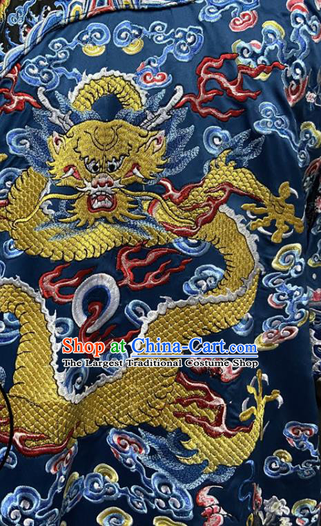 China Ancient Blue Imperial Dragon Traditional Historical Garment Costume Qing Dynasty Emperor Embroidered Dragon Robe Clothing