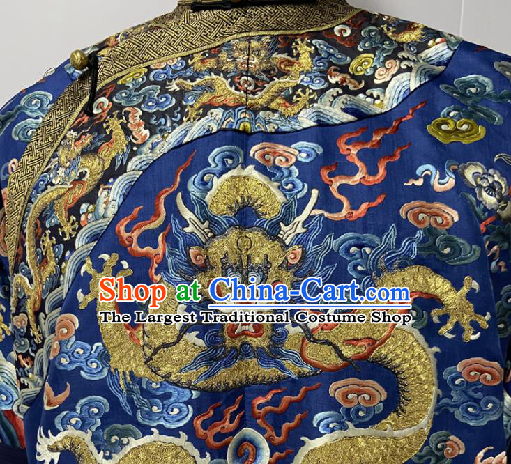 China Ancient Royalblue Imperial Dragon Traditional Manchu Monarch Historical Garment Costume Qing Dynasty Emperor Embroidered Dragon Robe Clothing