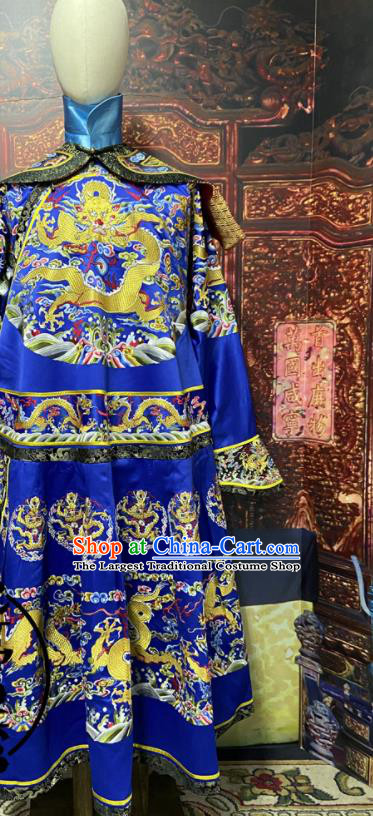 China Qing Dynasty Royal Highness Embroidered Dragon Robe Clothing Ancient Royalblue Imperial Dragon Traditional Manchu King Historical Garment Costume