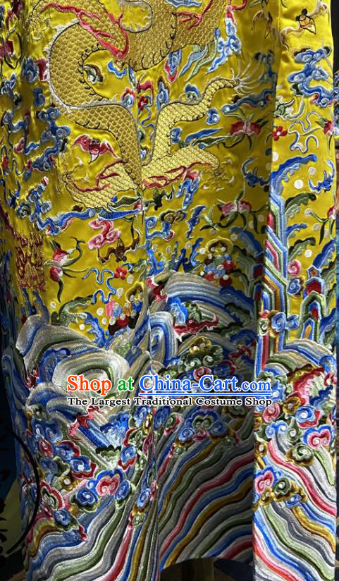 China Ancient Yellow Imperial Dragon Traditional Manchu Emperor Historical Garment Costume Qing Dynasty Monarch Embroidered Dragon Robe Clothing
