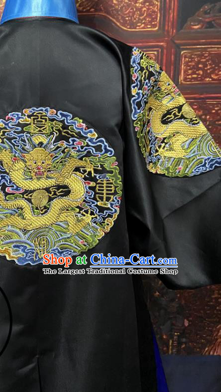 China Qing Dynasty Manchu Monarch Embroidered Dragon Robe Clothing Ancient Black Official Garment Traditional Emperor Kangxi Historical Costume