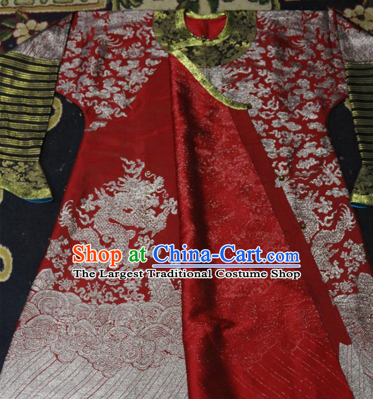 China Qing Dynasty Manchu Embroidered Dragon Robe Clothing Ancient Monarch Red Brocade Imperial Robe Garment Traditional Emperor Historical Costume