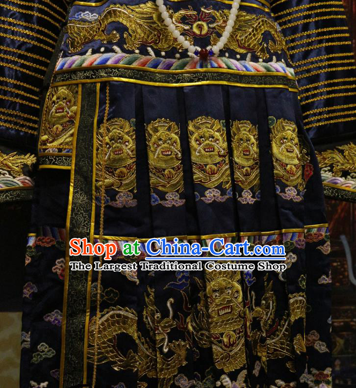 China Traditional Emperor Imperial Robe Qing Dynasty Manchu King Historical Garment Costume Ancient Monarch Embroidered Navy Dragon Robe