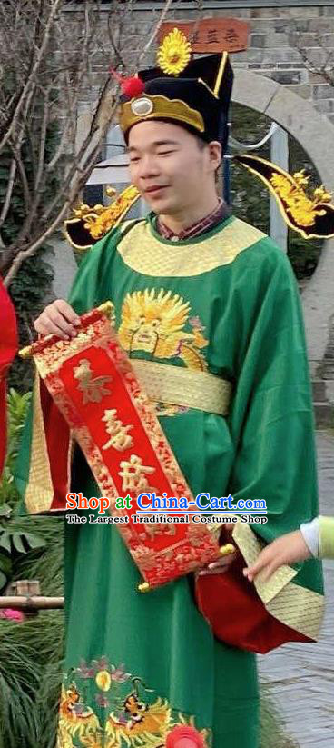 China Ancient Immortal Apparels Cosplay Lucky God Clothing Traditional Festival Performance Green Garment Costume and Headdress