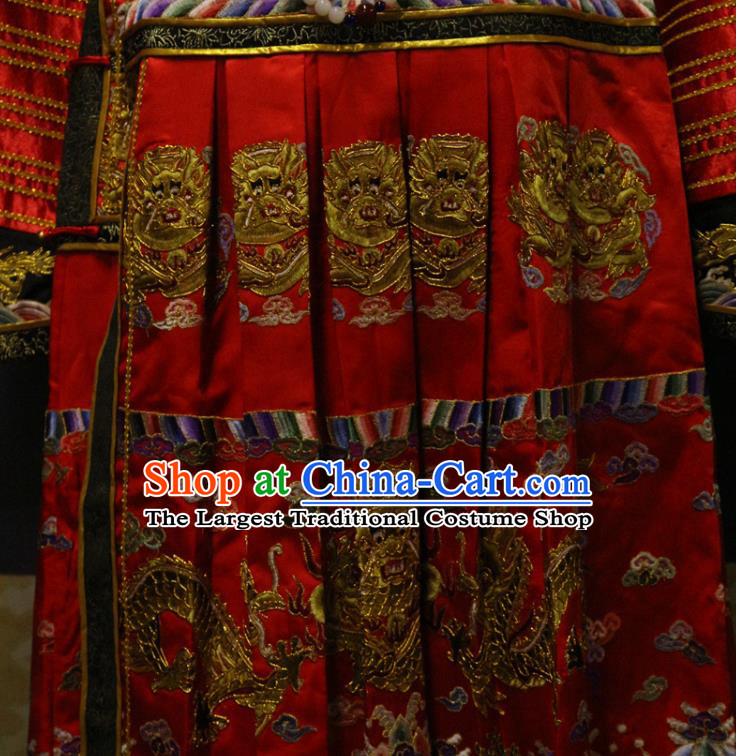 China Ancient Monarch Embroidered Wedding Dragon Robe Traditional Emperor Red Imperial Robe Qing Dynasty Manchu Lord Historical Garment Costume