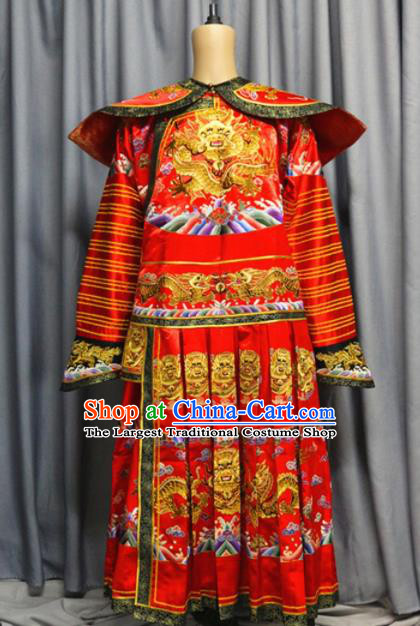 China Traditional Qing Dynasty King Wedding Garment Costume Ancient Emperor Embroidered Dragon Robe Red Imperial Robe Clothing
