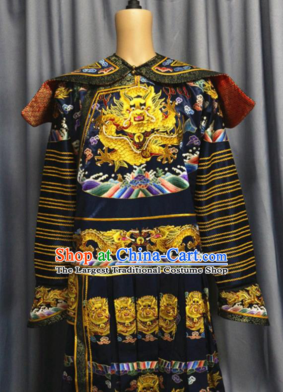 China Traditional Navy Imperial Robe Clothing Qing Dynasty King Garment Costume Ancient Emperor Embroidered Dragon Robe