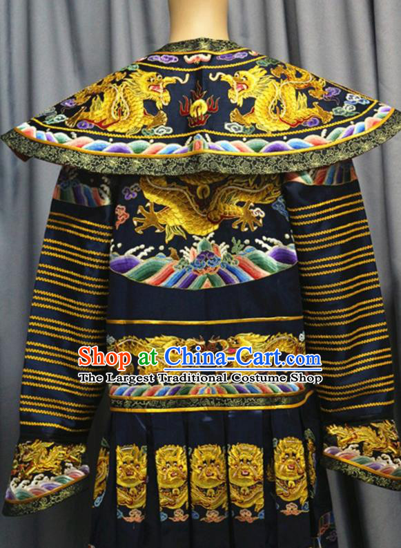 China Traditional Navy Imperial Robe Clothing Qing Dynasty King Garment Costume Ancient Emperor Embroidered Dragon Robe